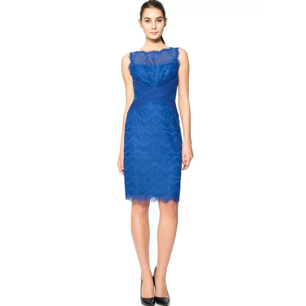 Tadashi Shoji Dress 16P Blue Chantilly Lace Sheath Boatneck Wedding‎ Cocktail